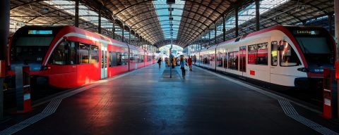 A train platform with two trains loading passengers